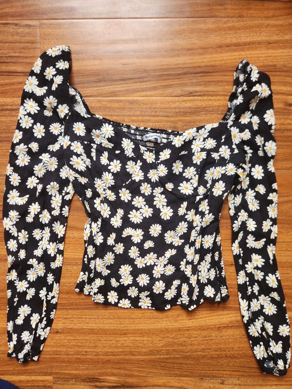 Reformation Black Daisy Square-Neck Long Sleeve Top